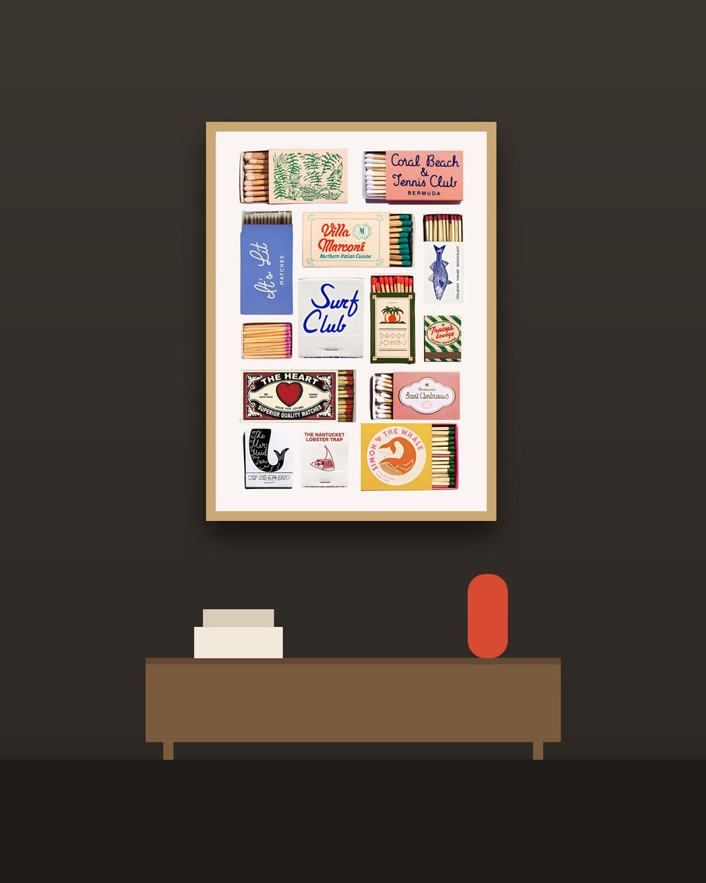 Surf Club en una pared oscura con marco de kiri claro (imagen ilustrativa)