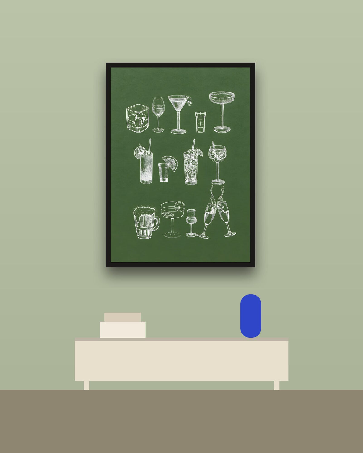 Cócteles en una pared verde con marco negro (imagen ilustrativa)