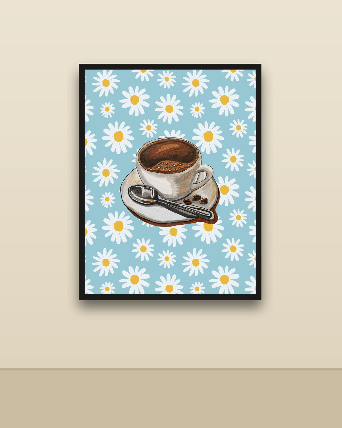 Café entre margaritas en una pared clara con marco negro (imagen ilustrativa)