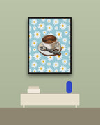 Café entre margaritas en una pared verde con marco negro (imagen ilustrativa)