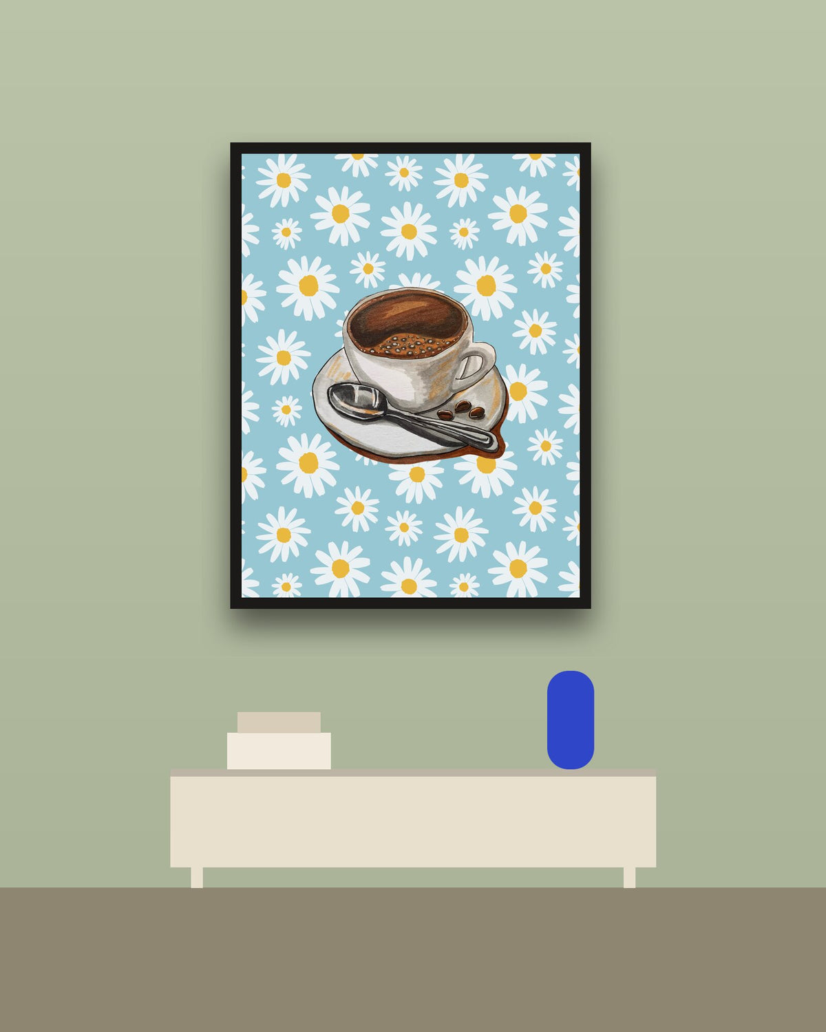 Café entre margaritas en una pared verde con marco negro (imagen ilustrativa)