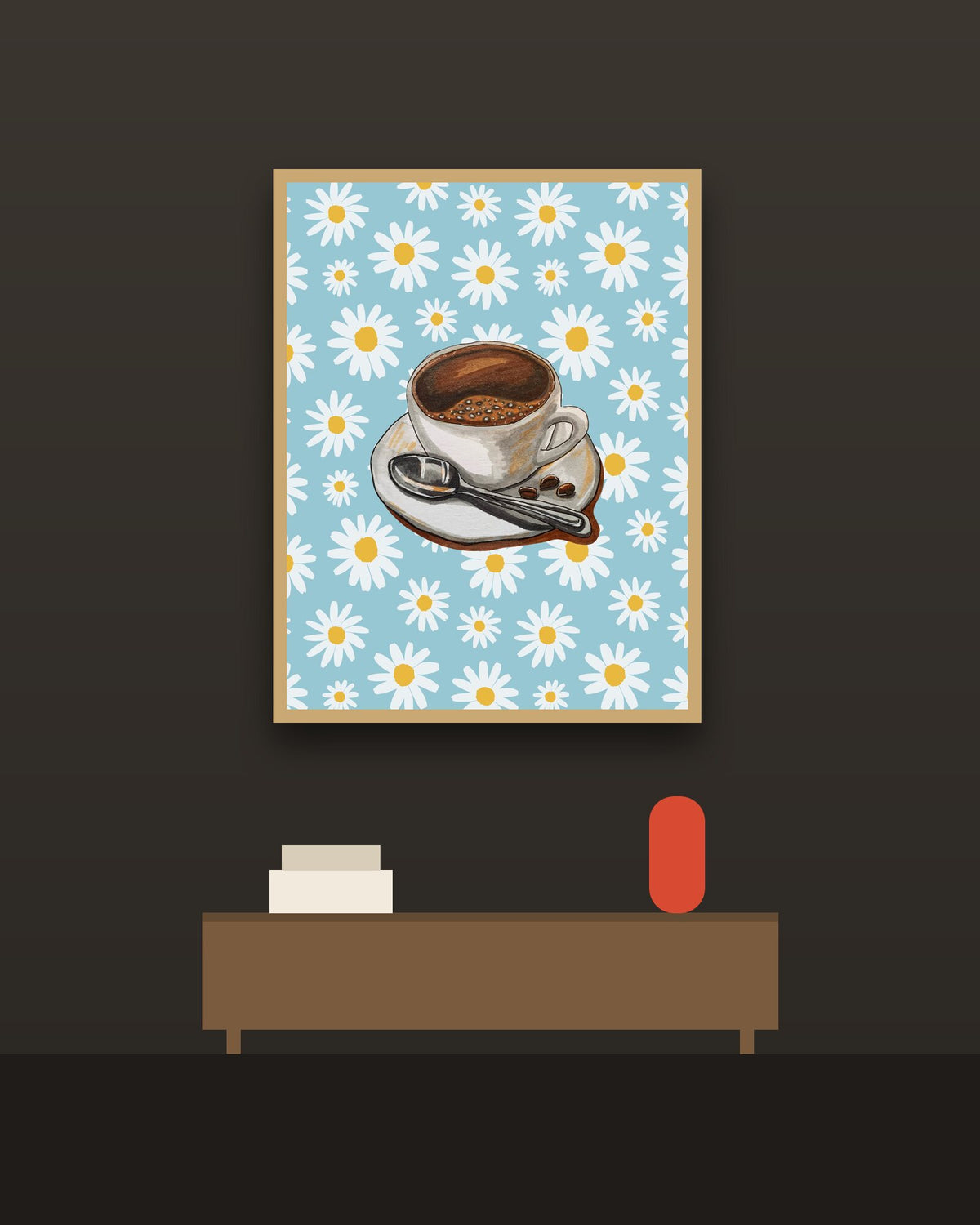 Café entre margaritas en una pared oscura con marco de kiri claro (imagen ilustrativa)