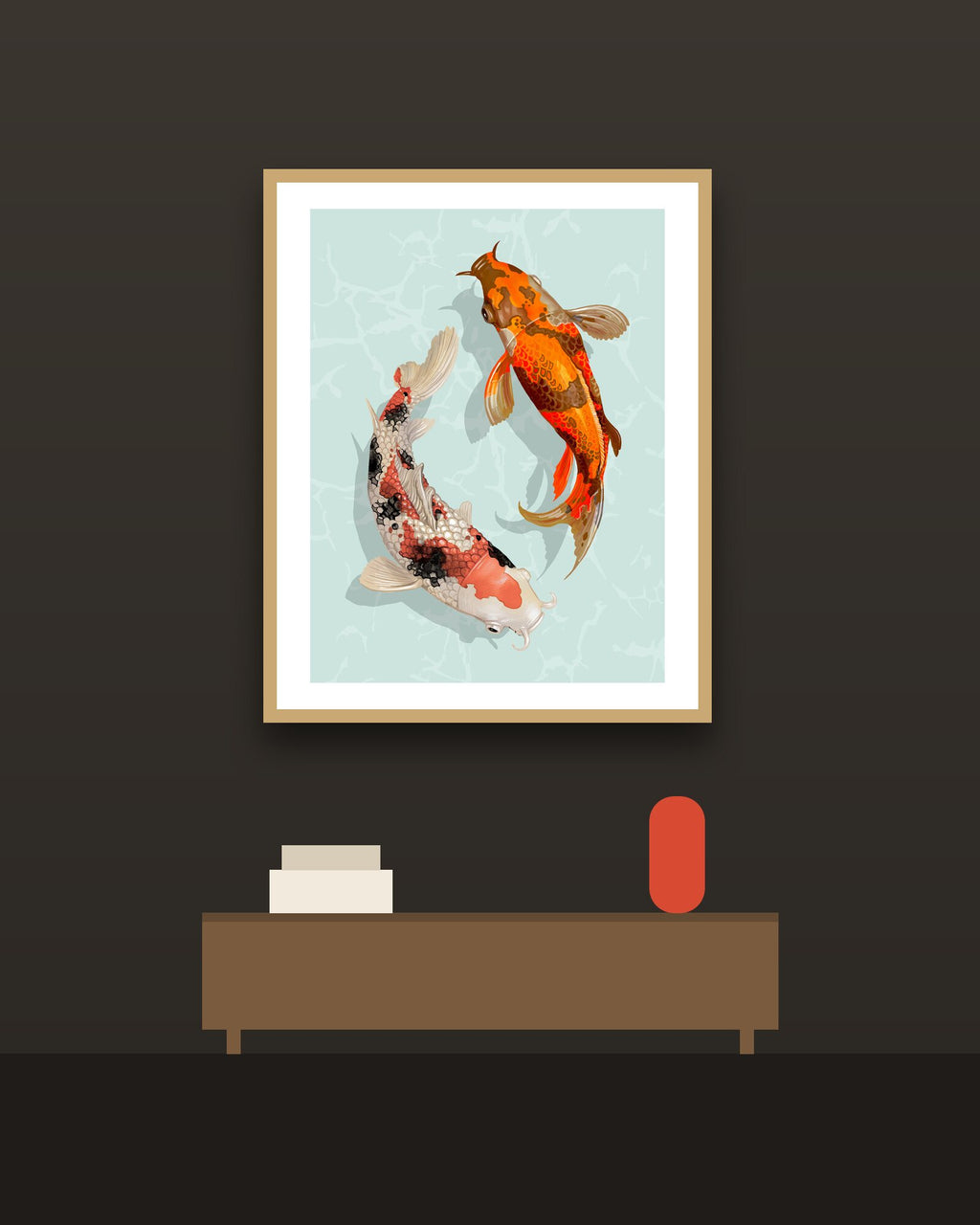 Koi en una pared oscura con marco de kiri claro (imagen ilustrativa)