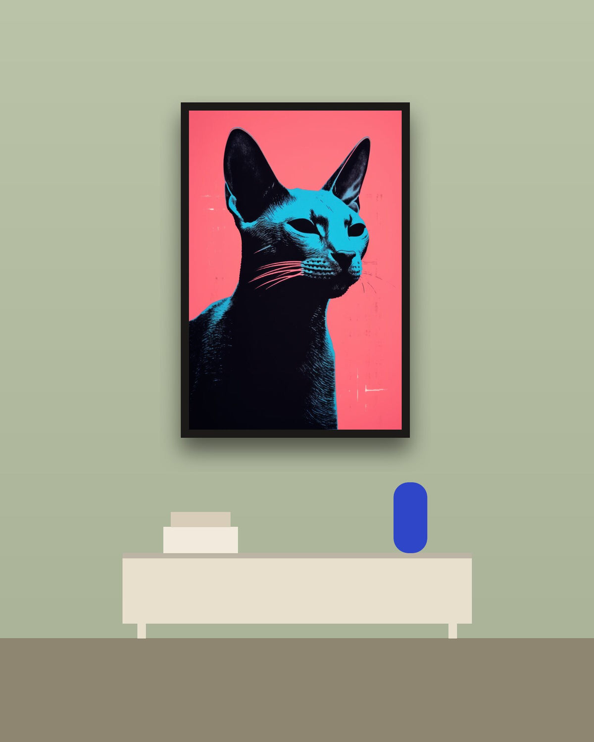 Gato azul en una pared verde con marco negro (imagen ilustrativa)