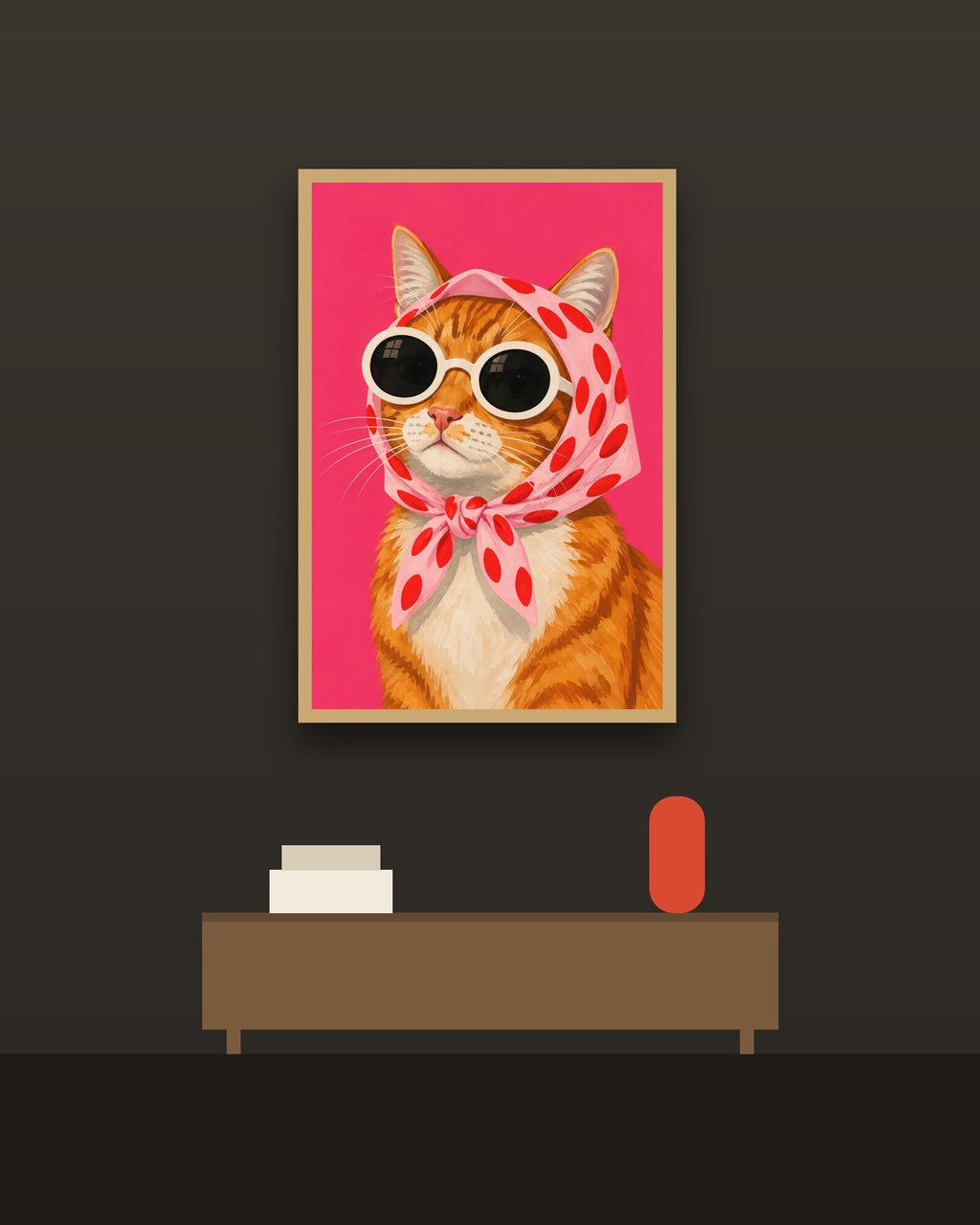 Gata con pañuelo en una pared oscura con marco de kiri claro (imagen ilustrativa)