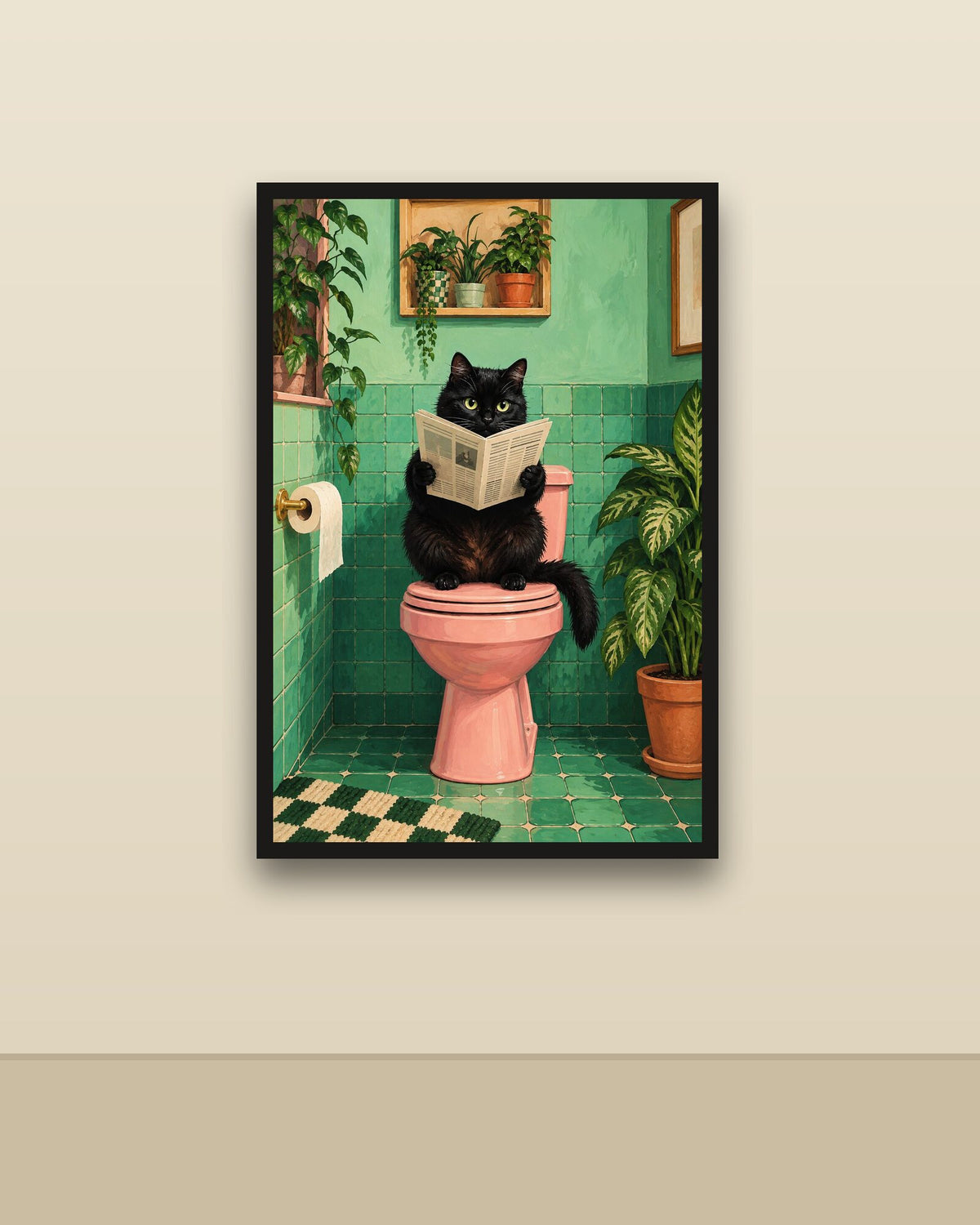 Gato lector en una pared clara con marco negro (imagen ilustrativa)