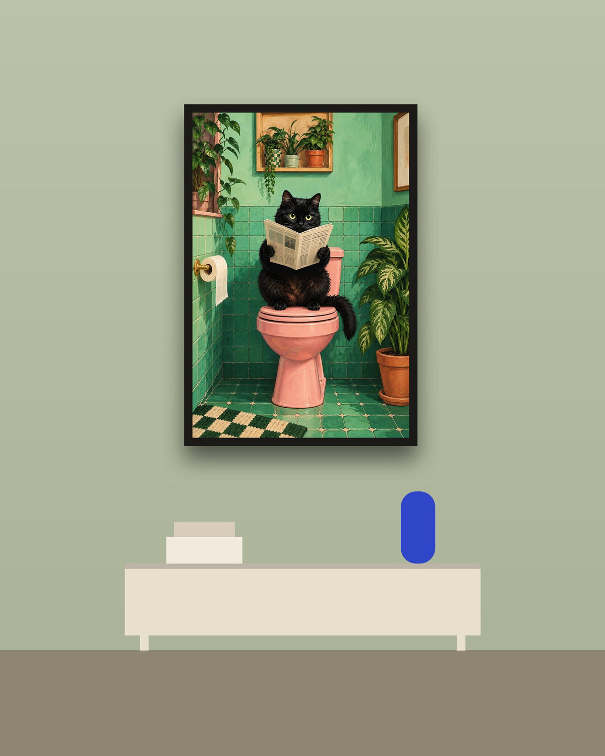 Gato lector en una pared verde con marco negro (imagen ilustrativa)