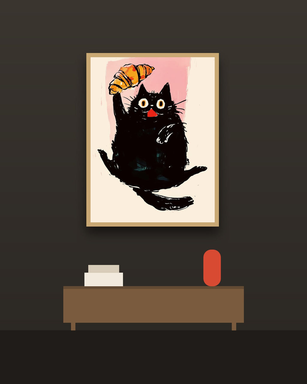 Gato con medialuna en una pared oscura con marco de kiri claro (imagen ilustrativa)