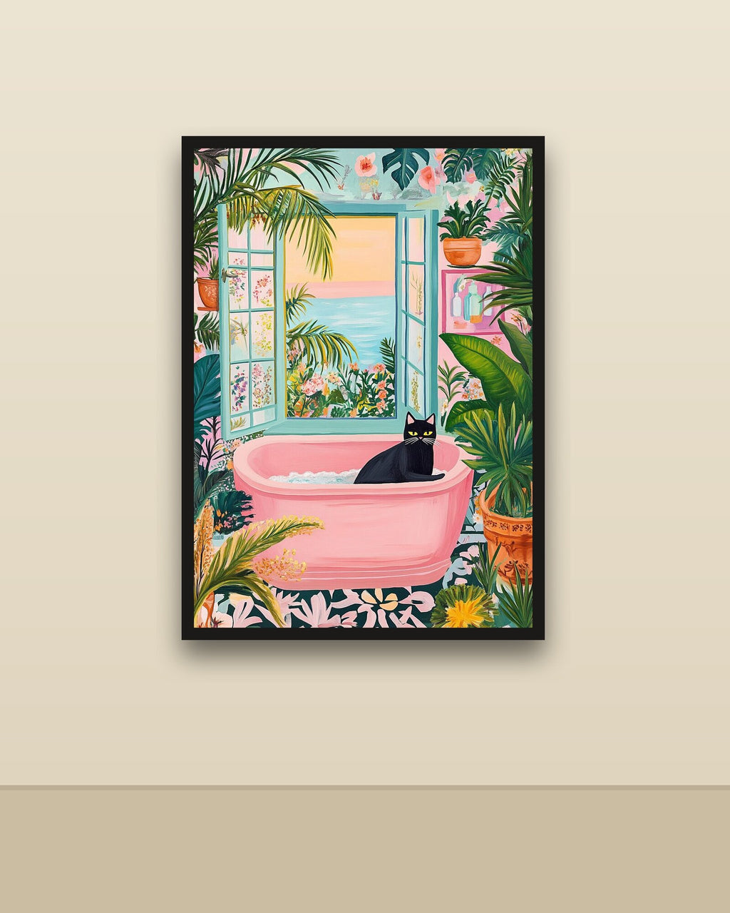Gato en la bañera en una pared clara con marco negro (imagen ilustrativa)