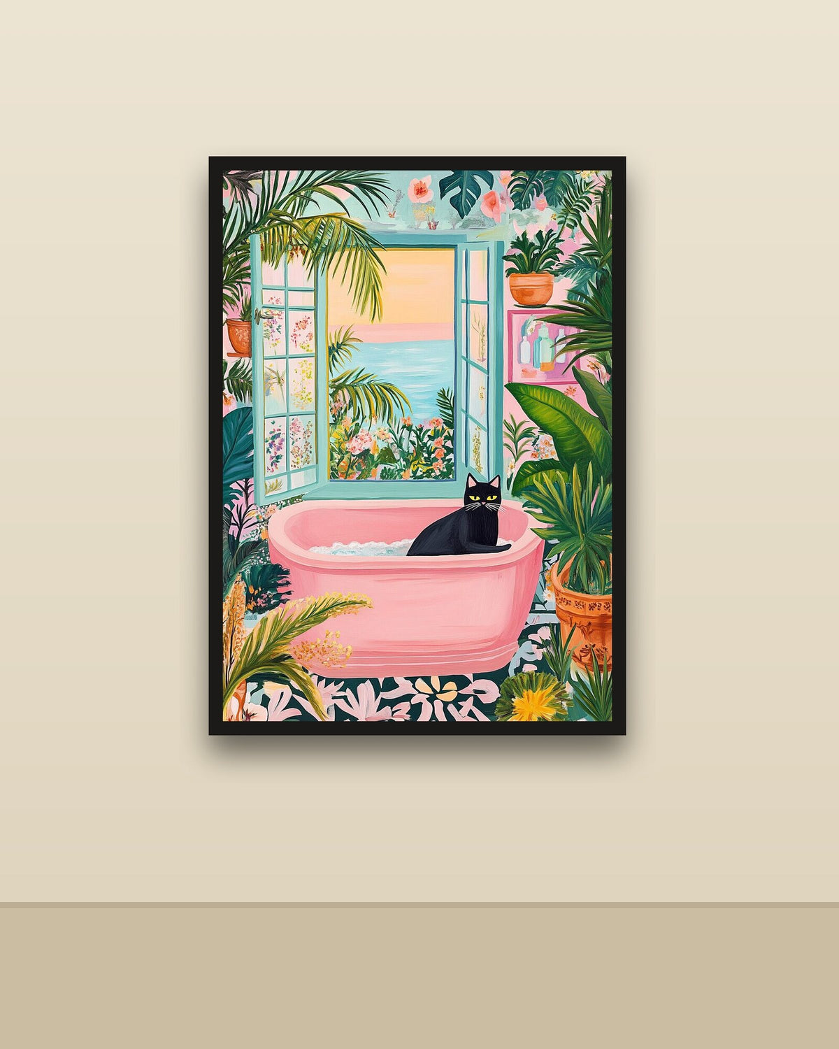 Gato en la bañera en una pared clara con marco negro (imagen ilustrativa)