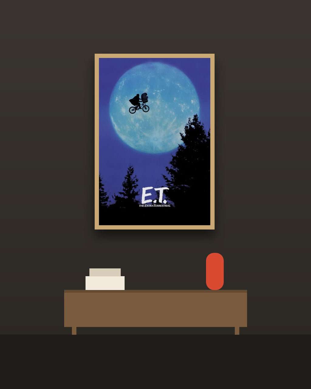 E.T. the Extra-Terrestrial en una pared oscura con marco de kiri claro (imagen ilustrativa)