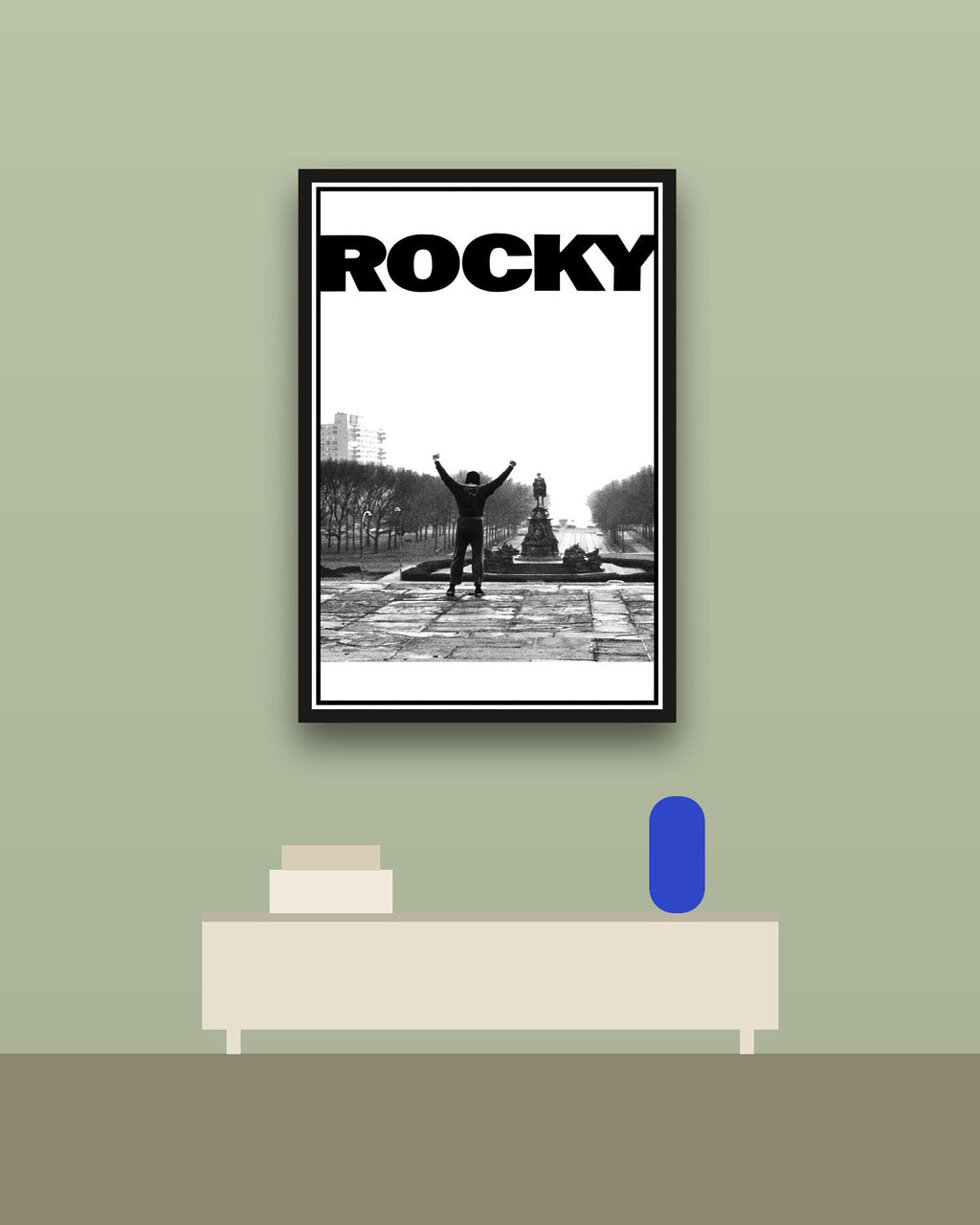 Rocky en una pared verde con marco negro (imagen ilustrativa)