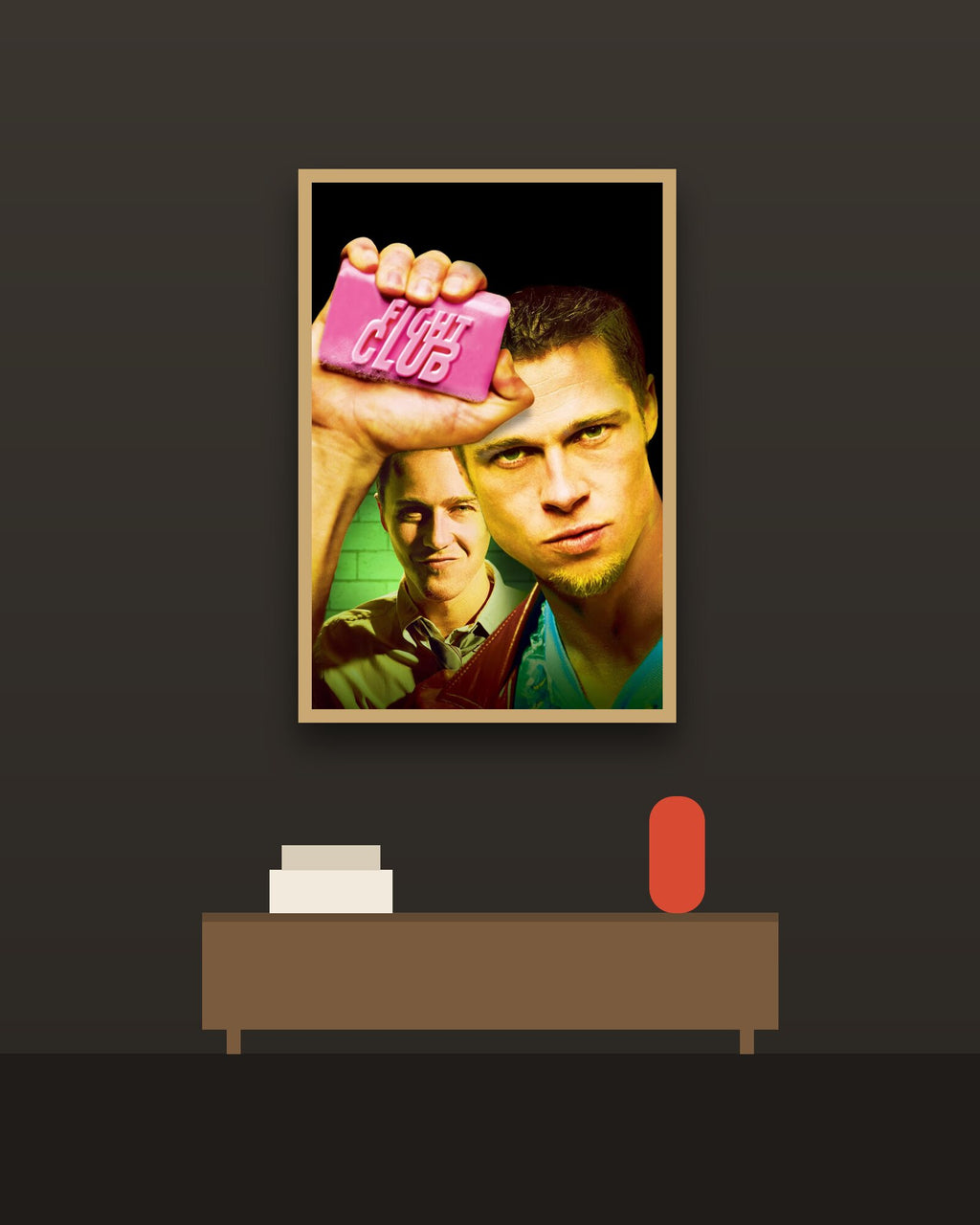 Fight Club en una pared oscura con marco de kiri claro (imagen ilustrativa)