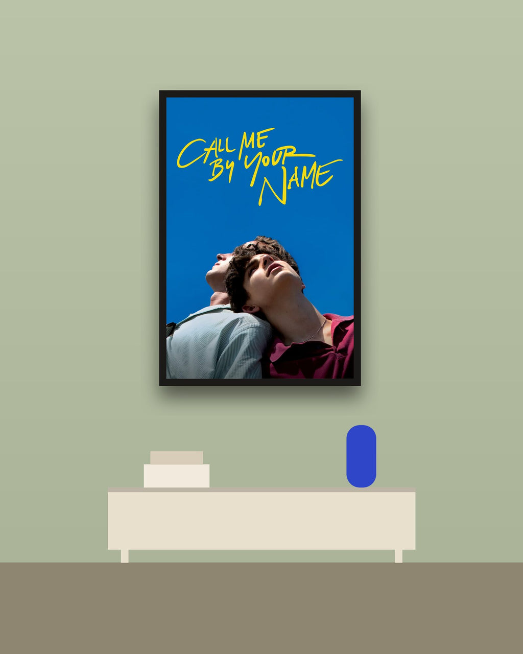 Call Me by Your Name en una pared verde con marco negro (imagen ilustrativa)