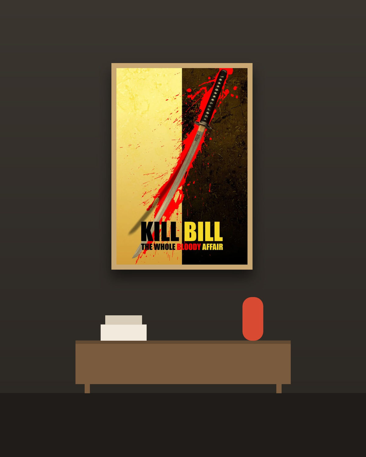 Kill Bill The Whole Bloody Affair en una pared oscura con marco de kiri claro (imagen ilustrativa)