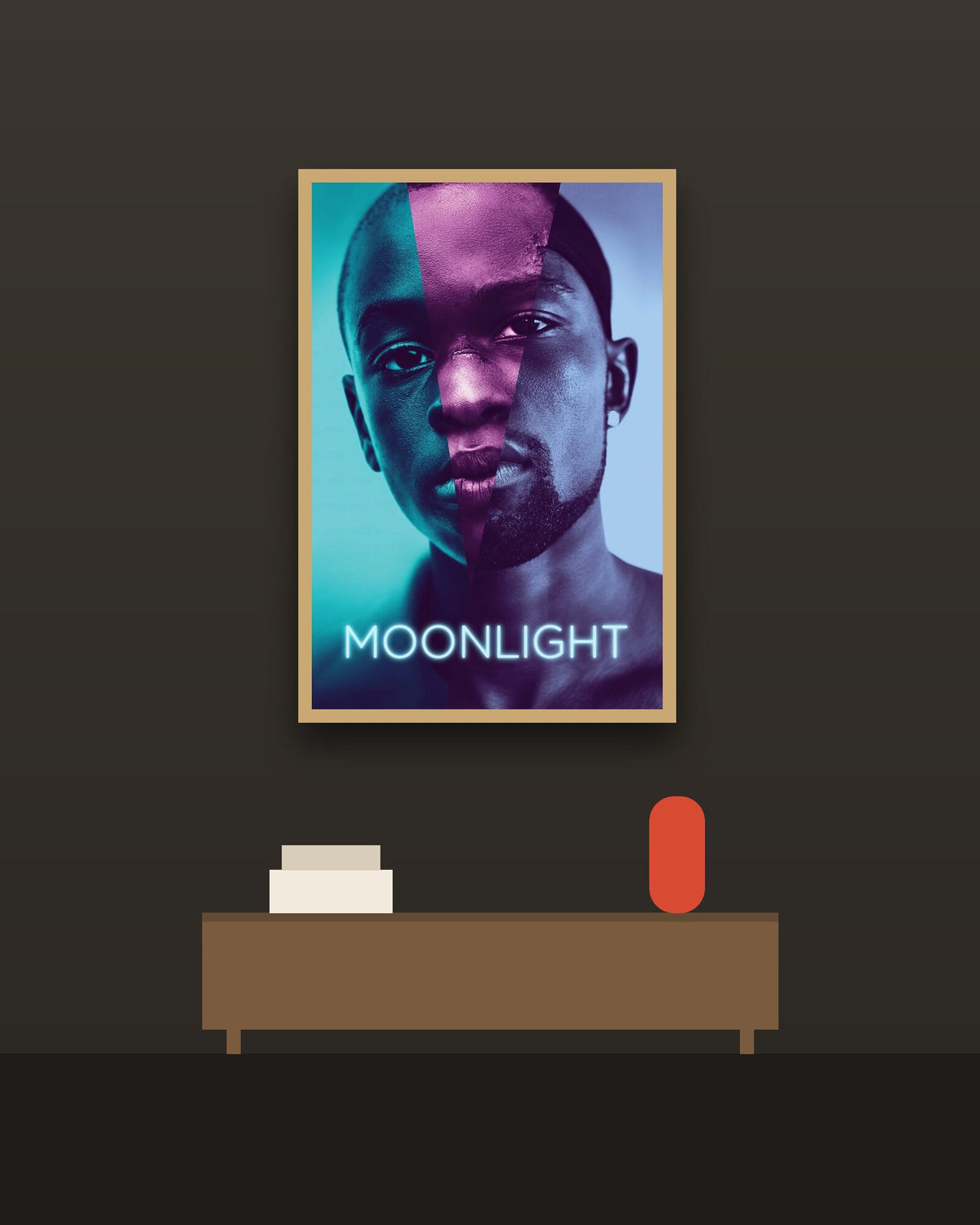 Moonlight en una pared oscura con marco de kiri claro (imagen ilustrativa)