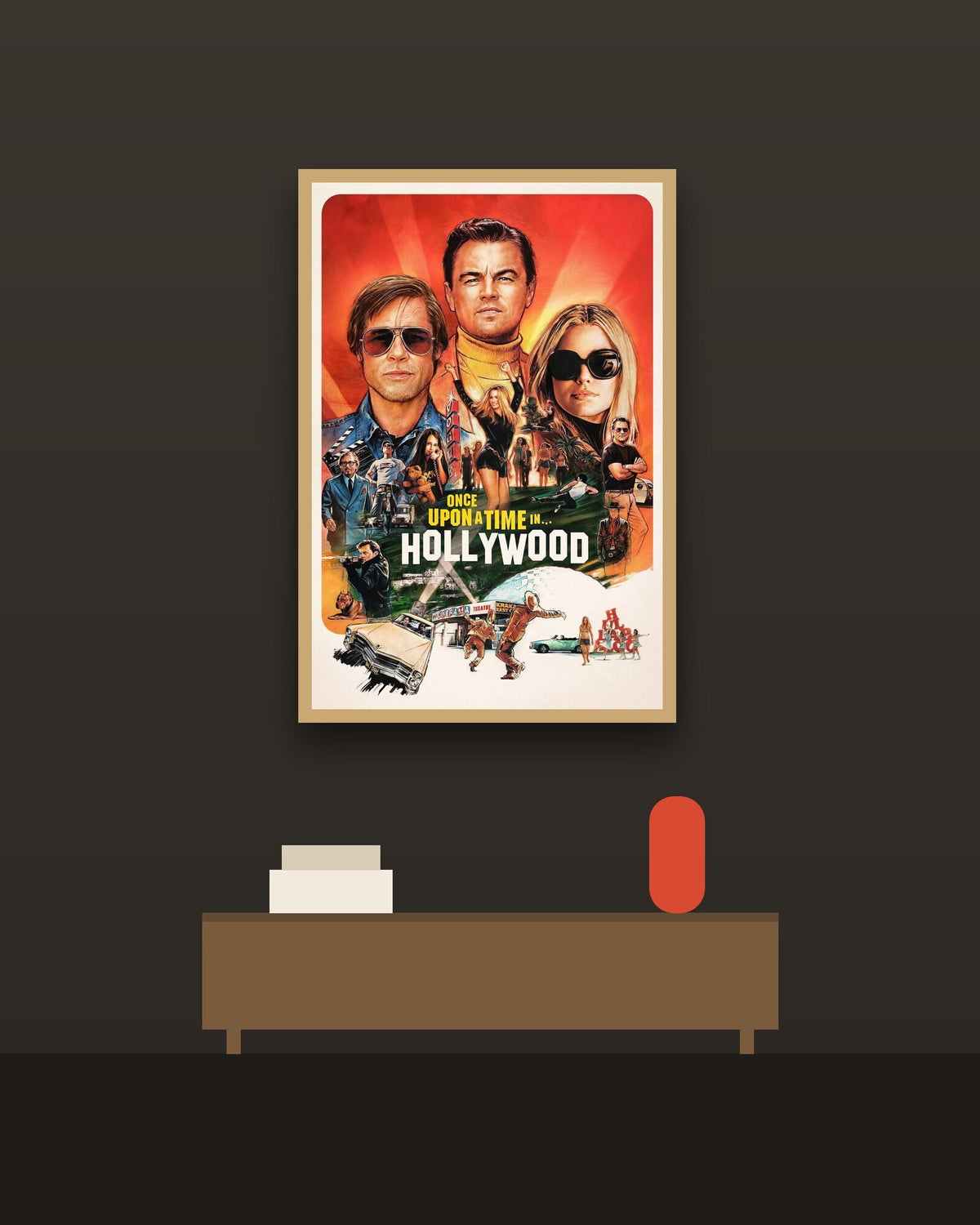 Once Upon a Time... in Hollywood en una pared oscura con marco de kiri claro (imagen ilustrativa)