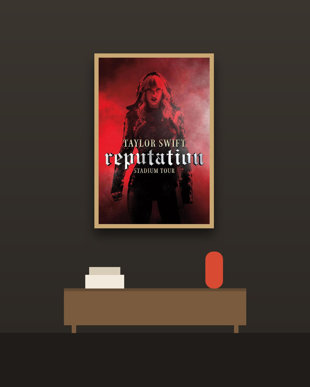 Taylor Swift Reputation Stadium Tour en una pared oscura con marco de kiri claro (imagen ilustrativa)