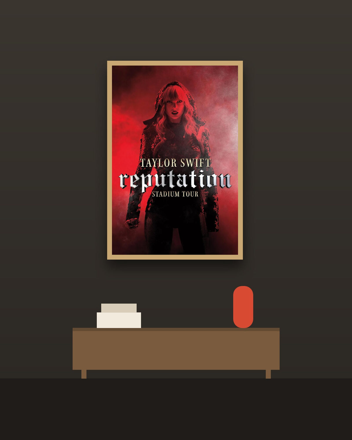Taylor Swift Reputation Stadium Tour en una pared oscura con marco de kiri claro (imagen ilustrativa)