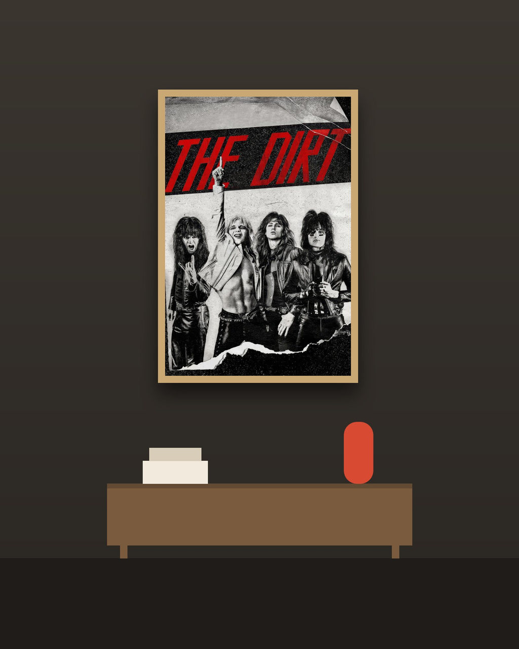 The Dirt en una pared oscura con marco de kiri claro (imagen ilustrativa)
