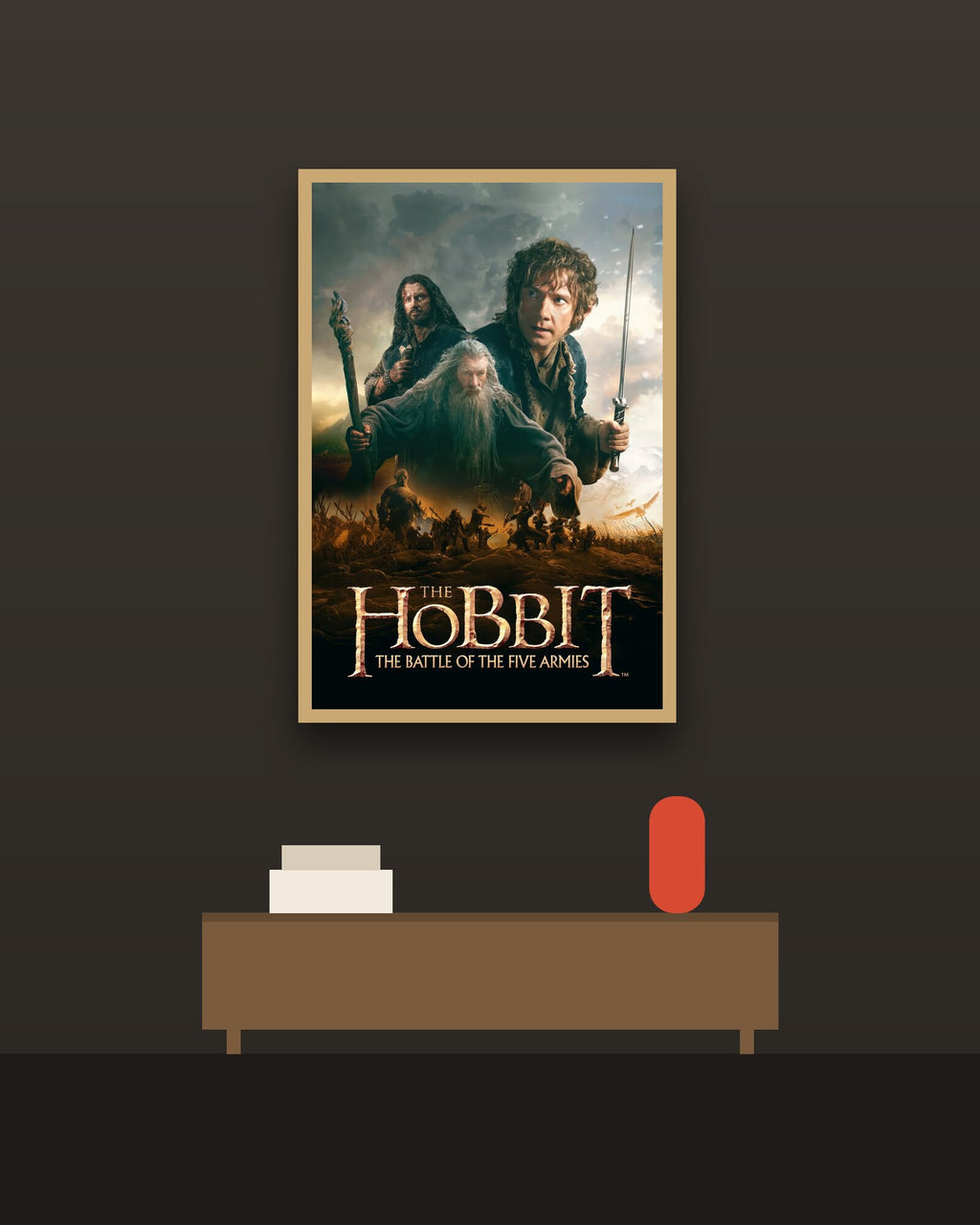 The Hobbit The Battle of the Five Armies en una pared oscura con marco de kiri claro (imagen ilustrativa)