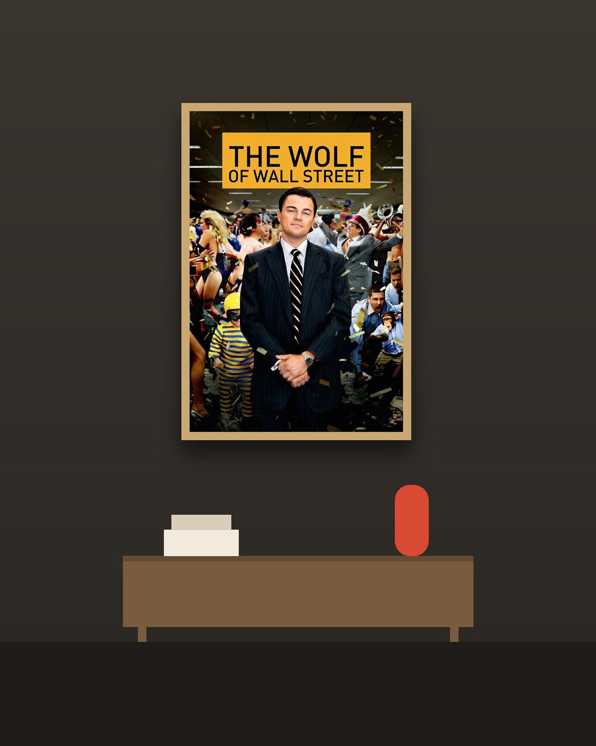 The Wolf of Wall Street en una pared oscura con marco de kiri claro (imagen ilustrativa)