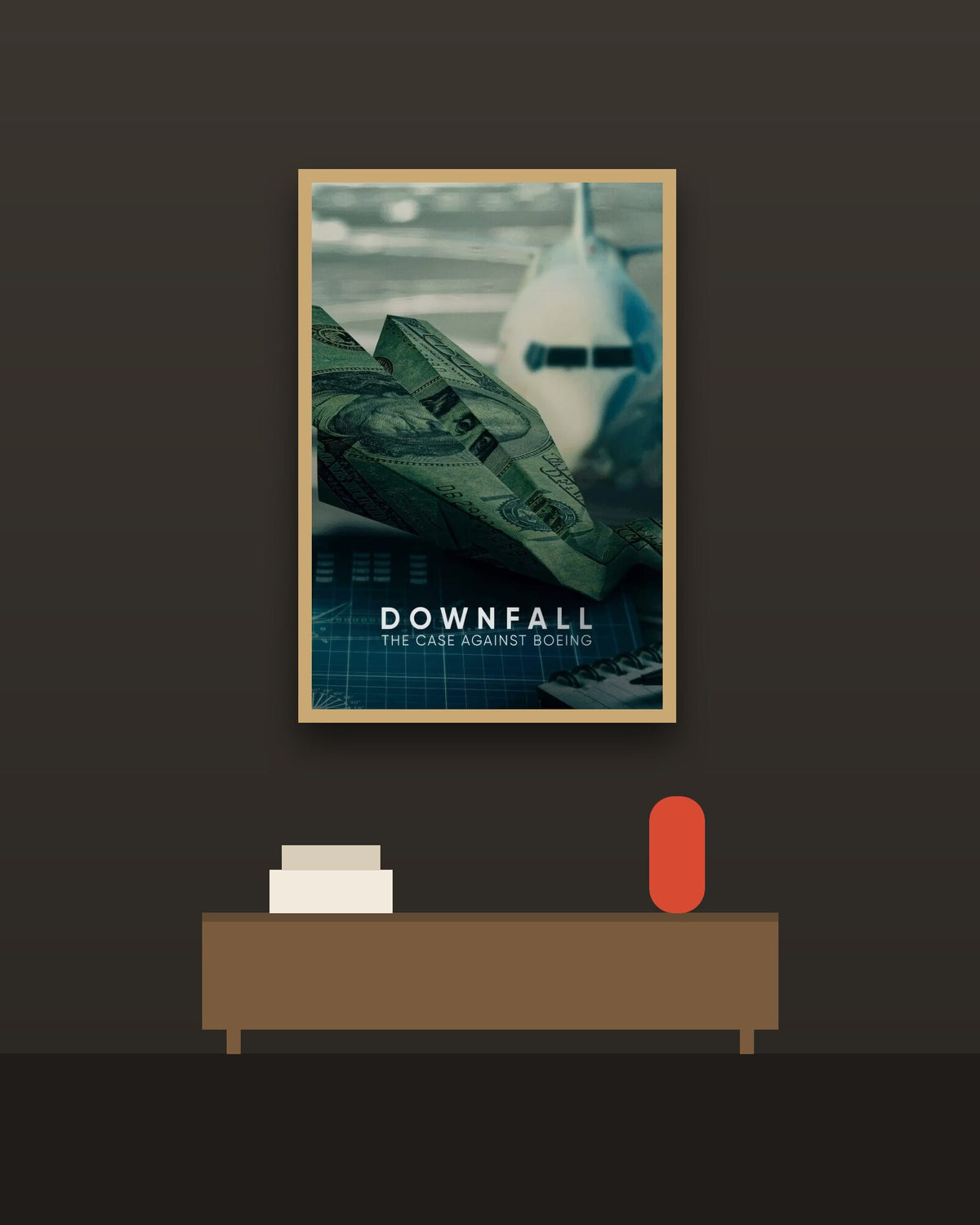 Downfall The Case Against Boeing en una pared oscura con marco de kiri claro (imagen ilustrativa)