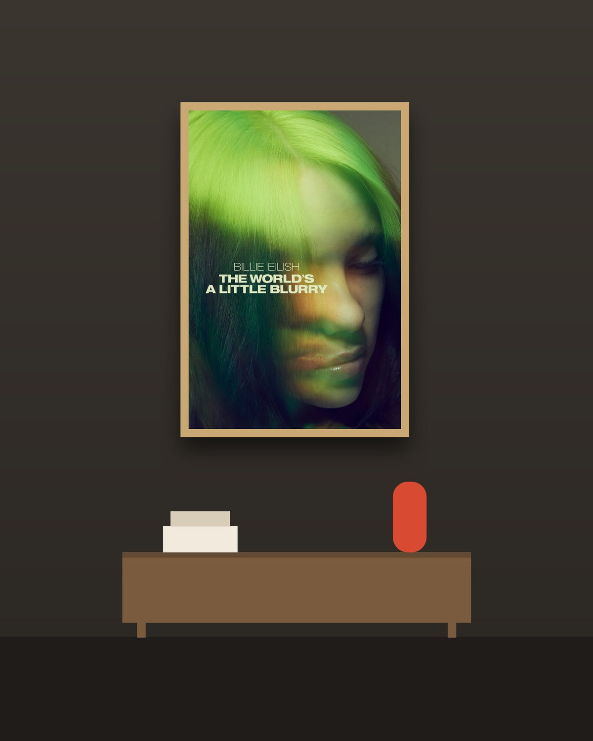 Billie Eilish The World's a Little Blurry en una pared oscura con marco de kiri claro (imagen ilustrativa)