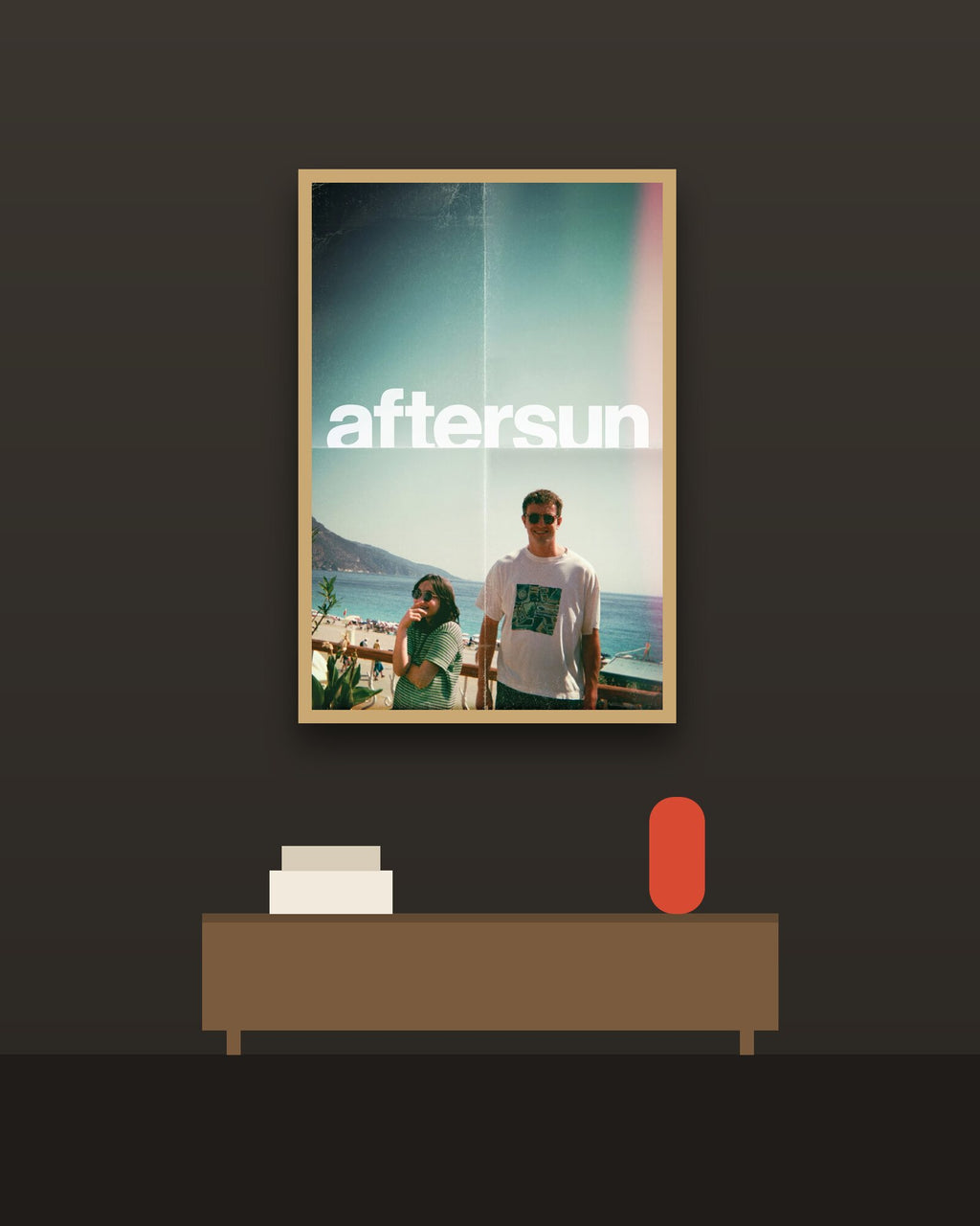 Aftersun en una pared oscura con marco de kiri claro (imagen ilustrativa)