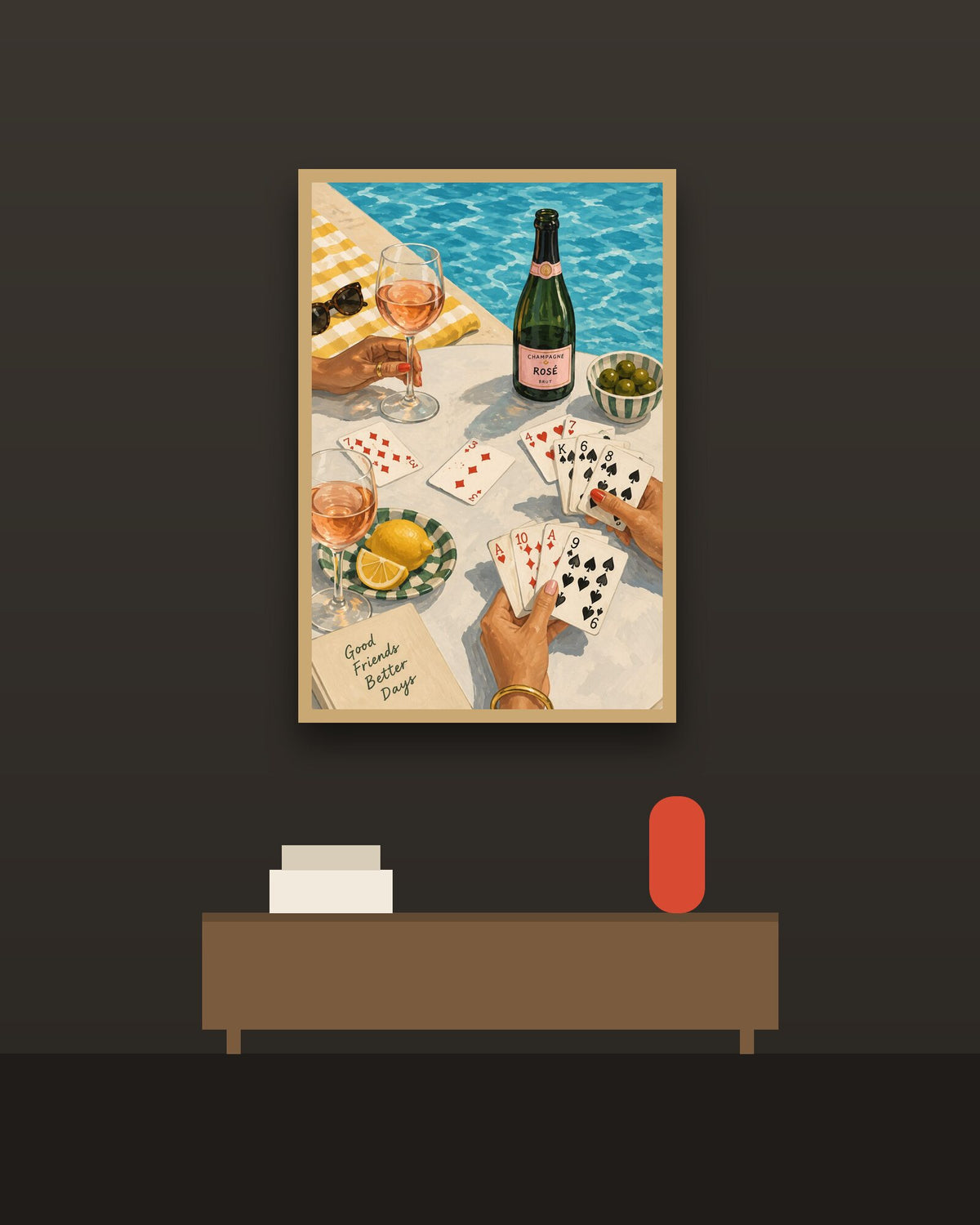 Buenos amigos en una pared oscura con marco de kiri claro (imagen ilustrativa)